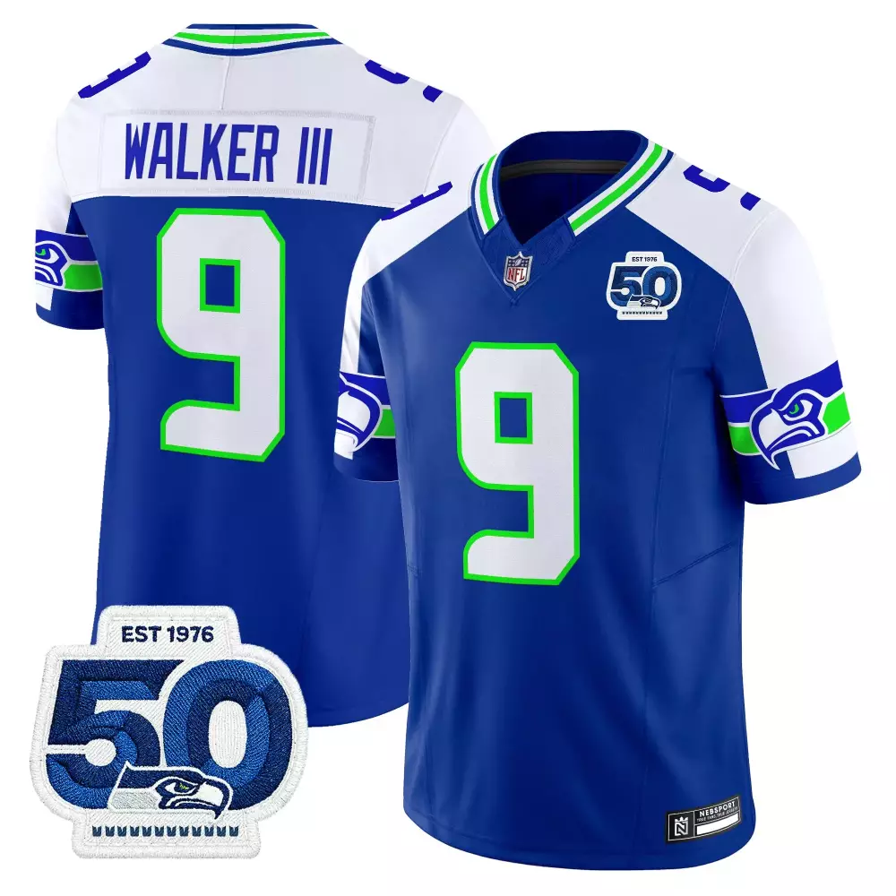 Kenneth Walker 9 Seattle Seahawks Jersey Blue 50th Anniversary Men Player White Green