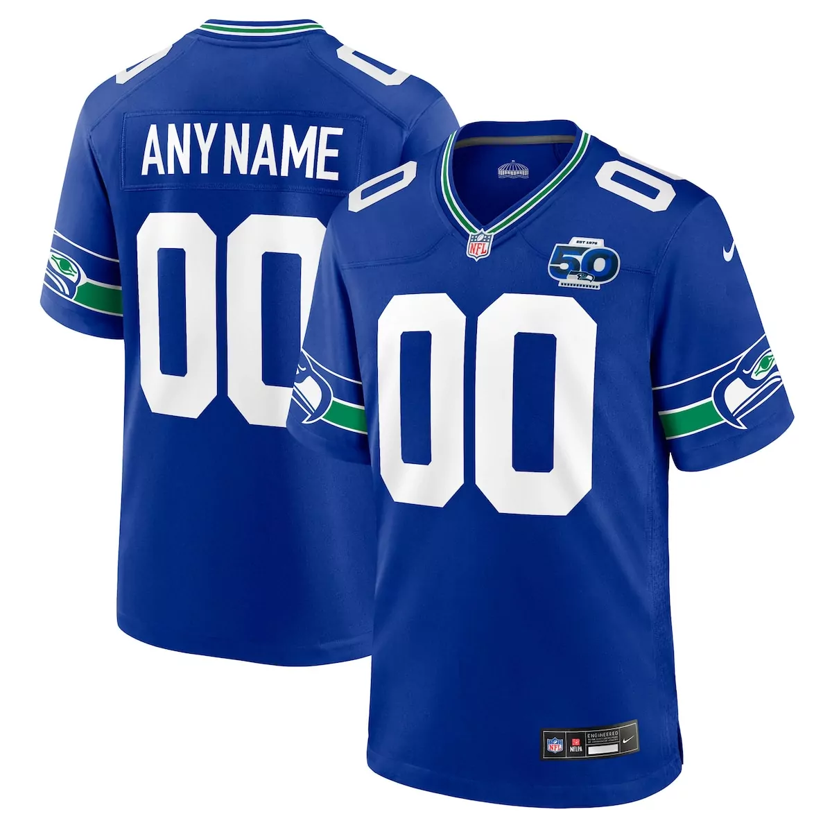 Seattle Seahawks Jersey Blue 50th Season Men Green White Throwback Custom Game