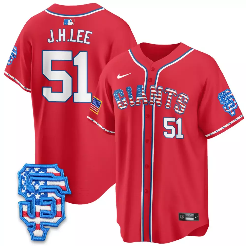 J.h. Lee 51 Giants Jersey Red 4th Of July American Flag "sf" Men White Blue Stitched
