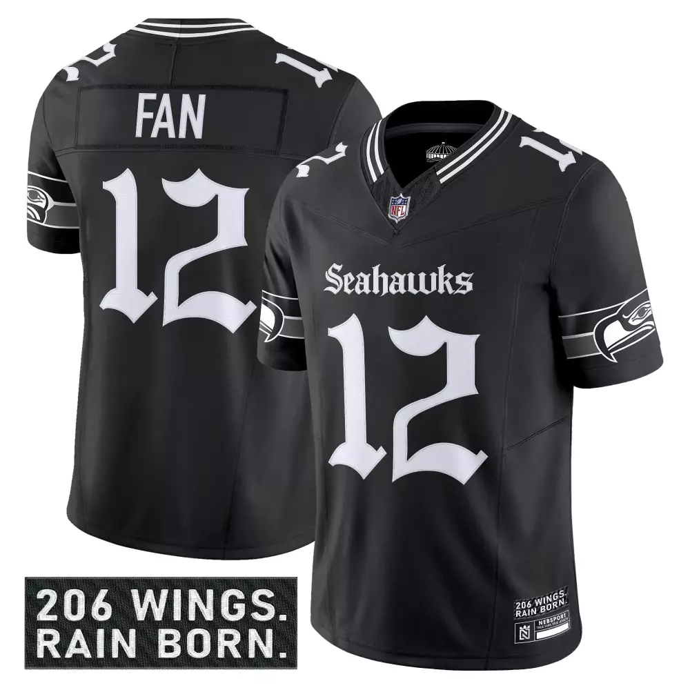 Seahawks 12 Jersey Black 206 Wings. Rain Born. White Gray Stitched