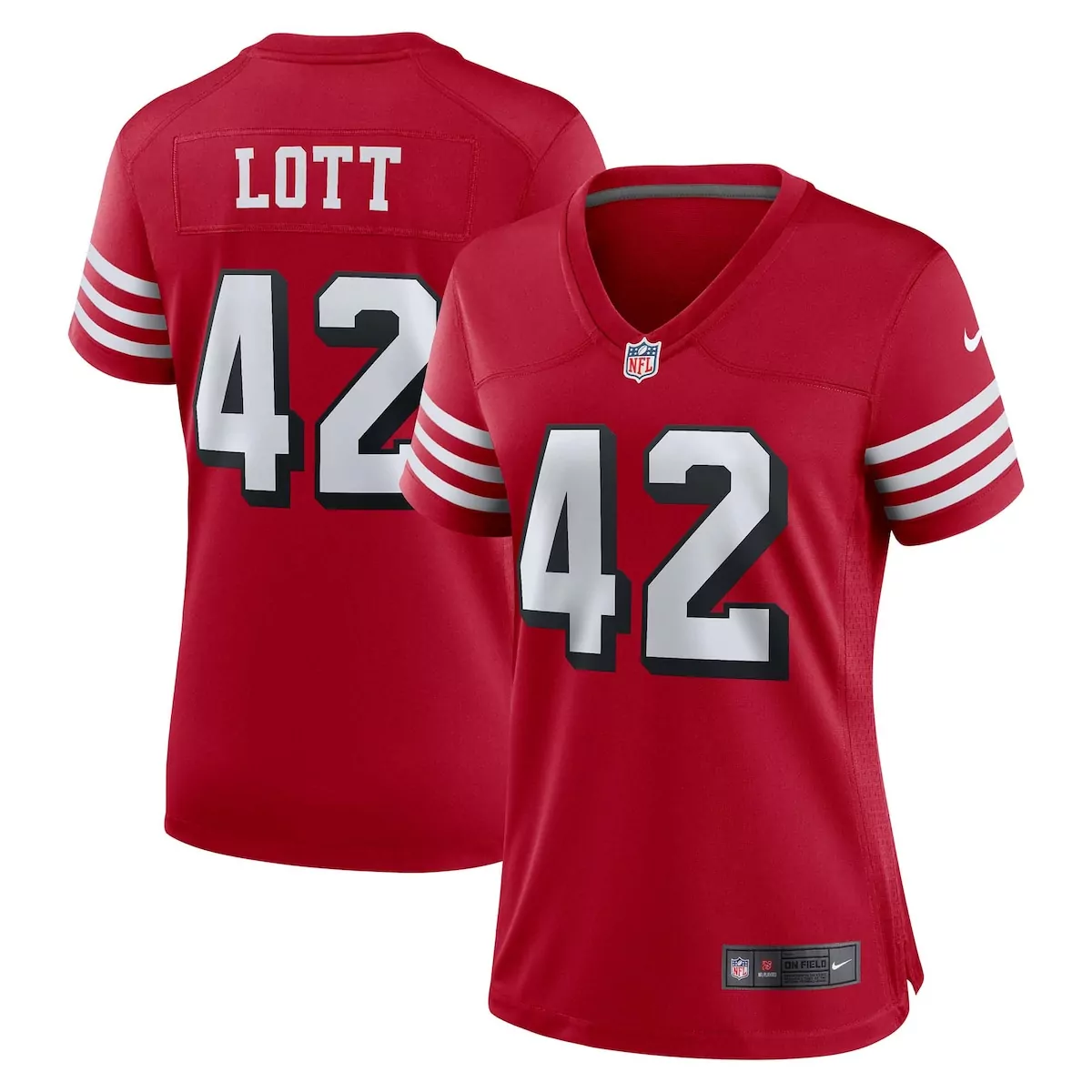 Ronnie Lott 42 Jersey Red San Francisco 49ers Women Replica White Black Alternate