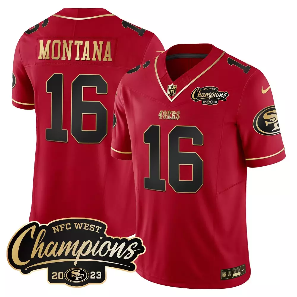 Joe Montana 16 49ERS Jersey Red NFC West Champions 2023 Men Gold Black Limited All