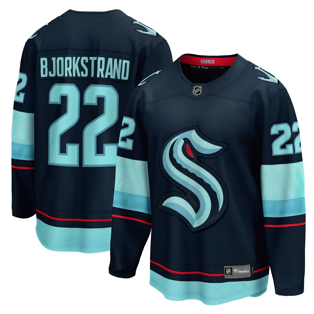 Oliver Bjorkstrand 22 Jersey Navy Blue Seattle Kraken Men Teal Light Red Home Breakaway