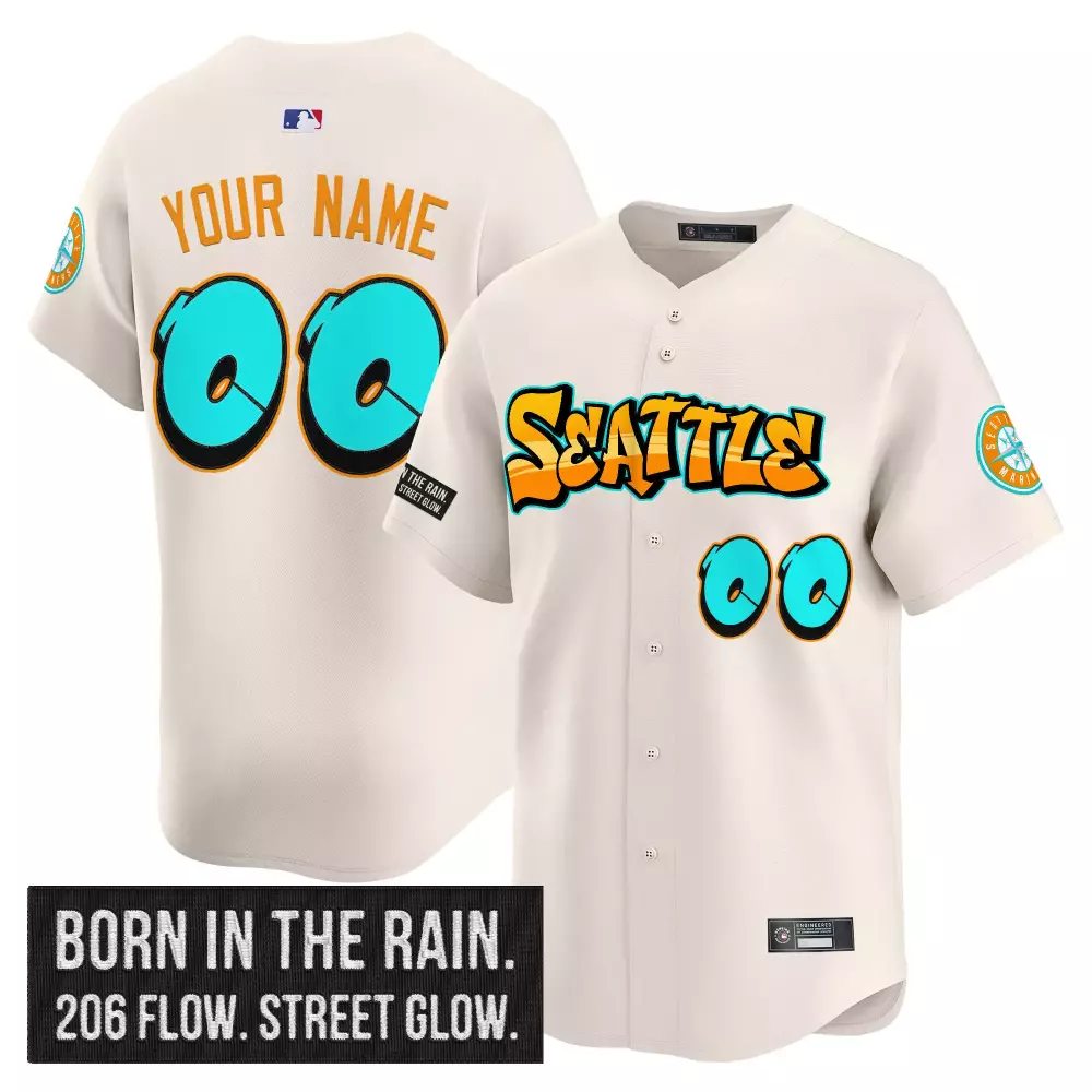 Custom Seattle Mariners Jersey Cream Born Rain 206 Flow. Street Glow. Men Orange