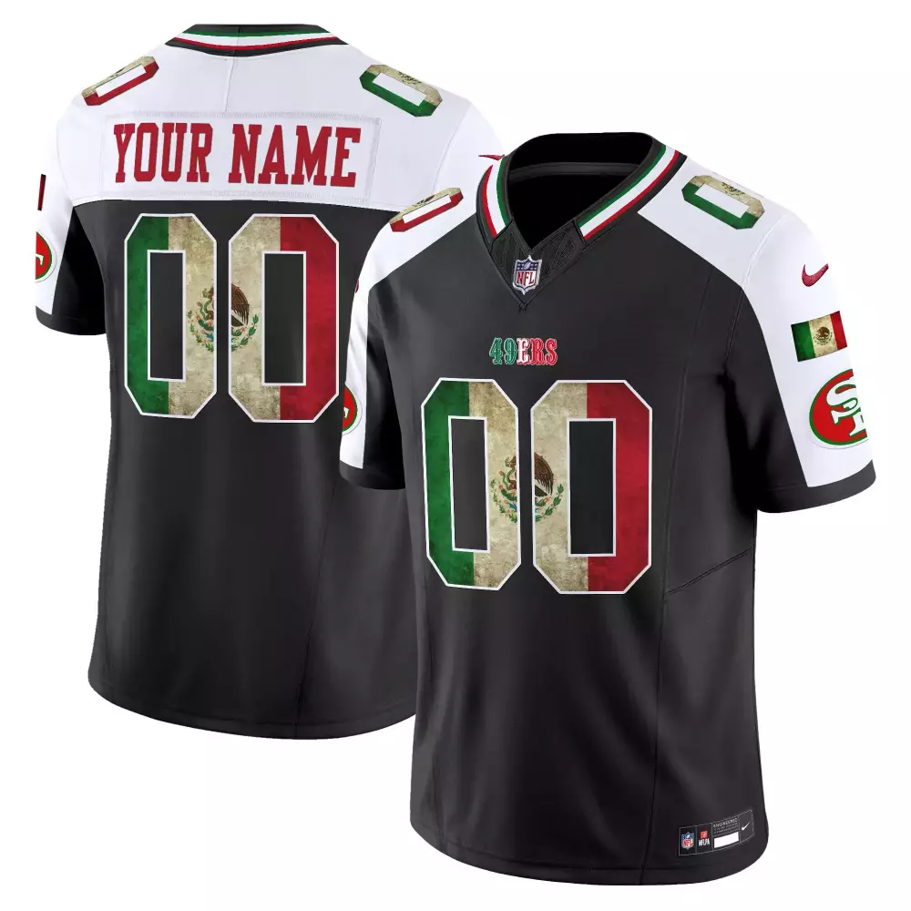 Custom 49ERS Jersey Black Mexican Heritage Mexico Flag 2023 Men Split Design White