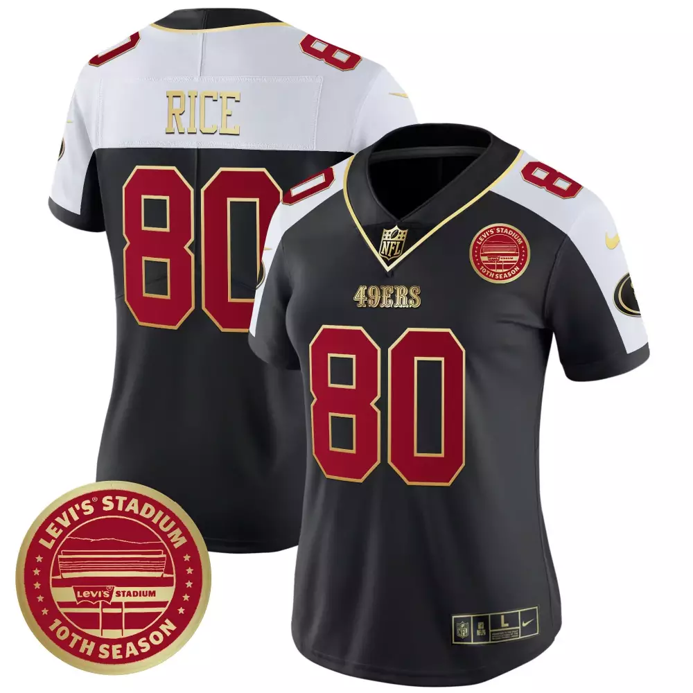 Jerry Rice 80 49ERS Jersey Black Levi's Stadium 10th Season Game White Red Gold Alternate