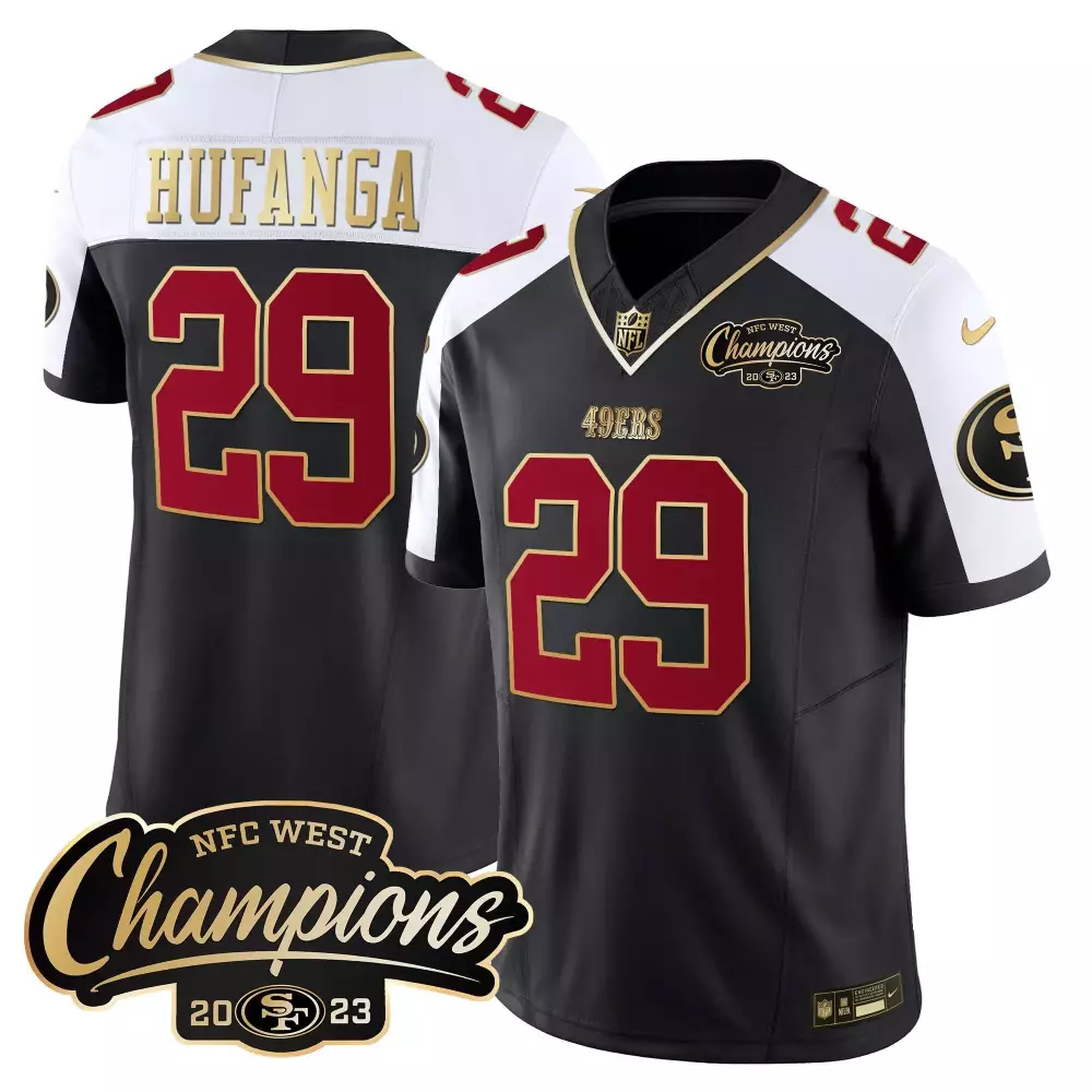 Talanoa Hufanga 29 49ERS Jersey Black NFC West Champions 2023 Men Fitted White Gold
