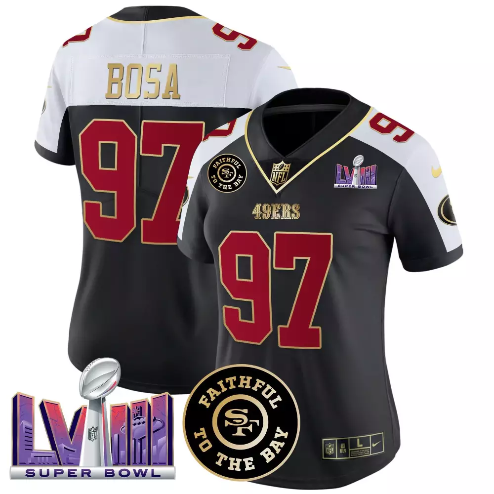 Nick Bosa 97 49ERS Jersey Black Super Bowl Lviii Men Player Alternate Split Design