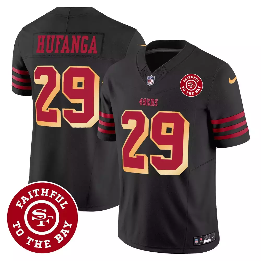 Talanoa Hufanga 29 49ERS Jersey Black Faithful To Bay Men Red Gold All Vapor