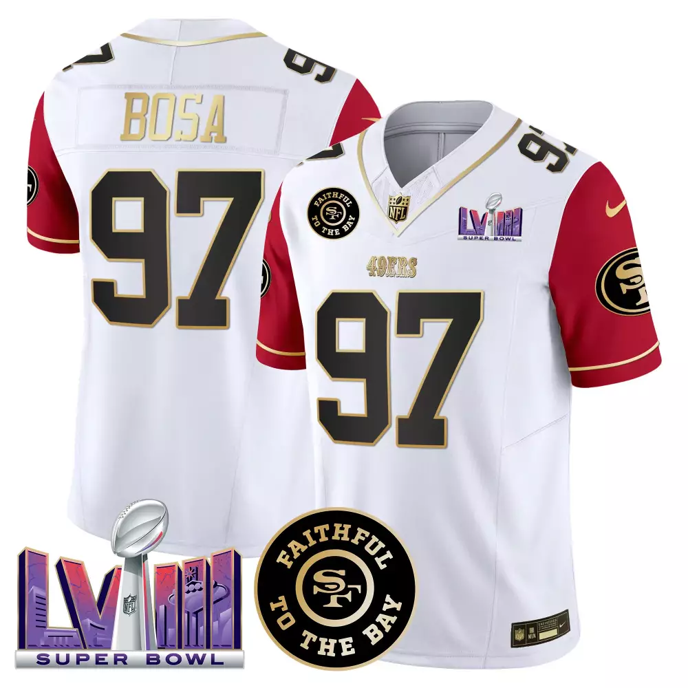 Nick Bosa 97 49ERS Jersey White Super Bowl Lviii 2023 Men Game Red Gold Vapor v2