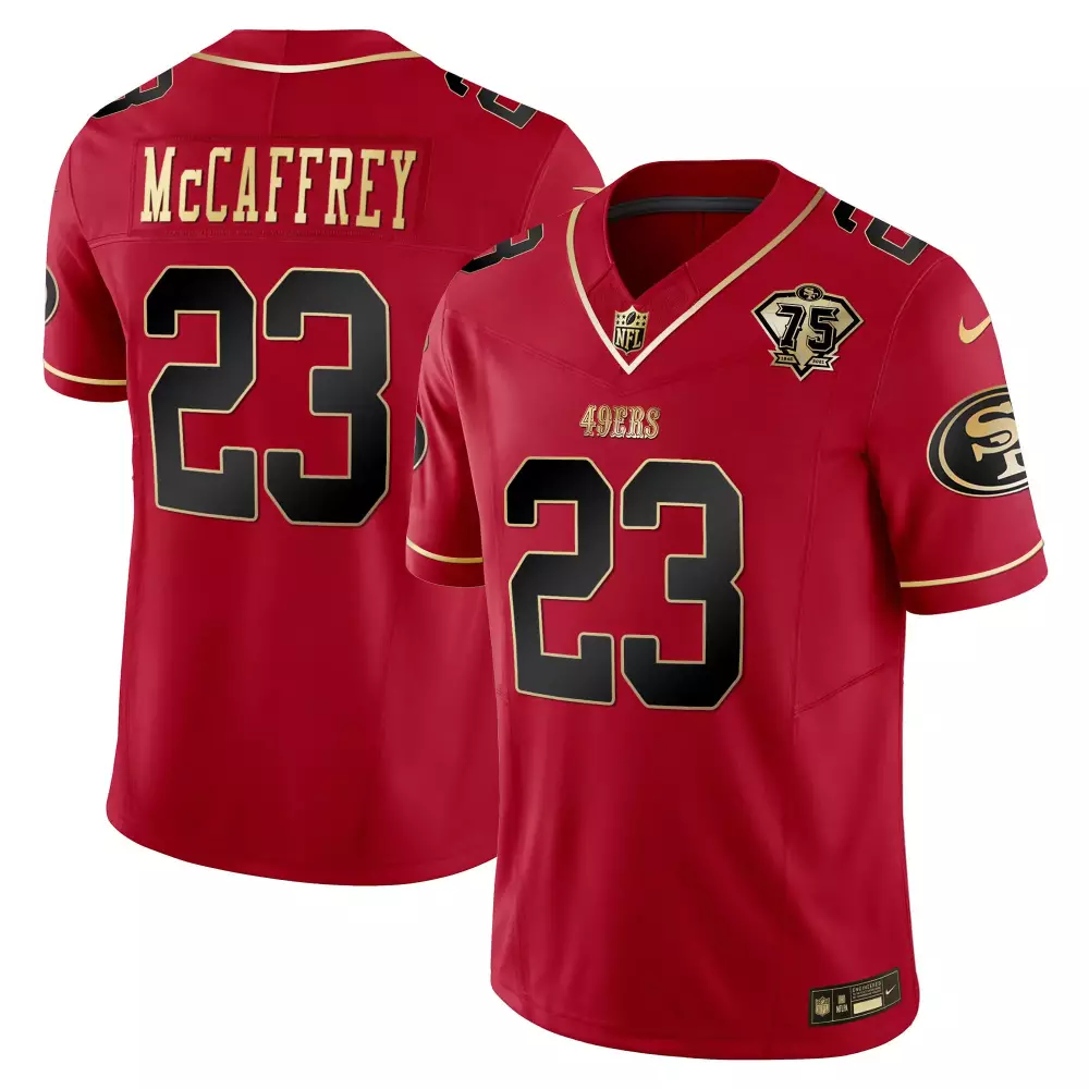 Christian Mccaffrey 23 49ERS Jersey Red 75th Anniversary Men Gold Black Stitched