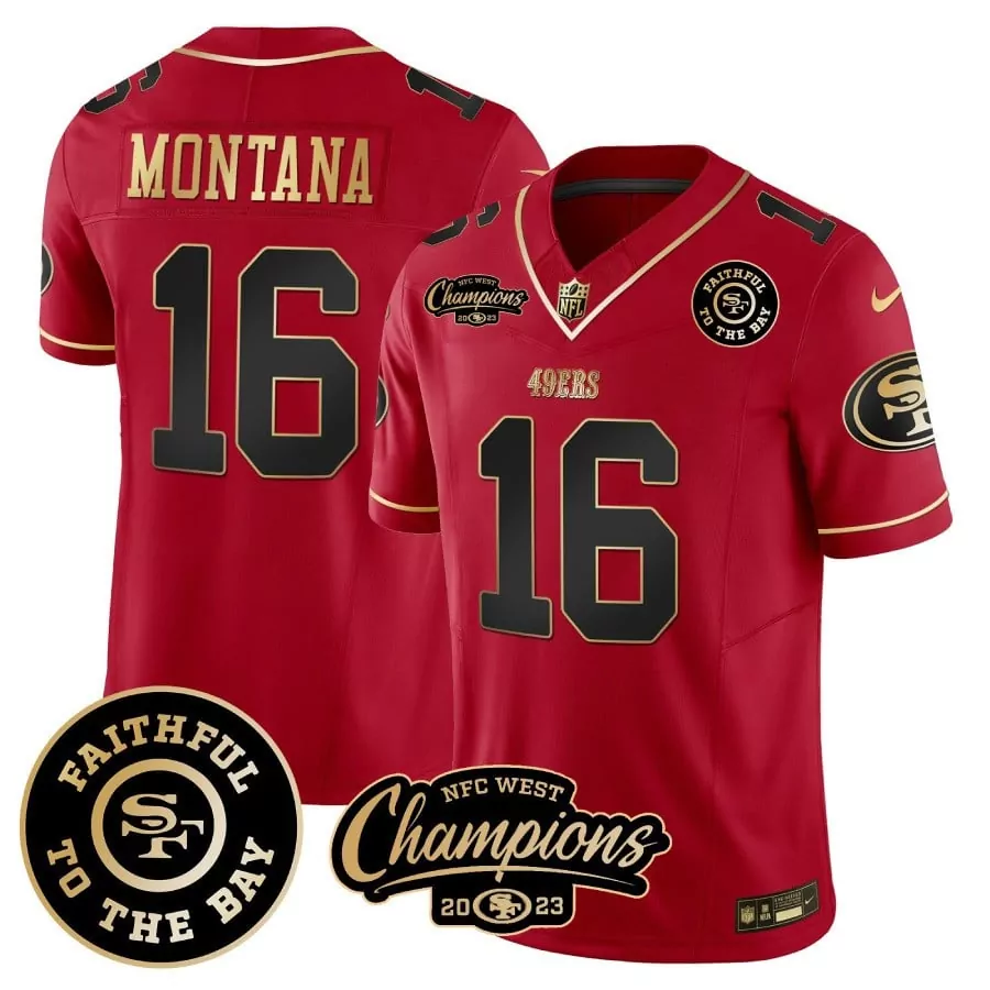 Joe Montana 16 49ERS Jersey Red NFC West Champions 2023 Faithful To Bay Men Gold