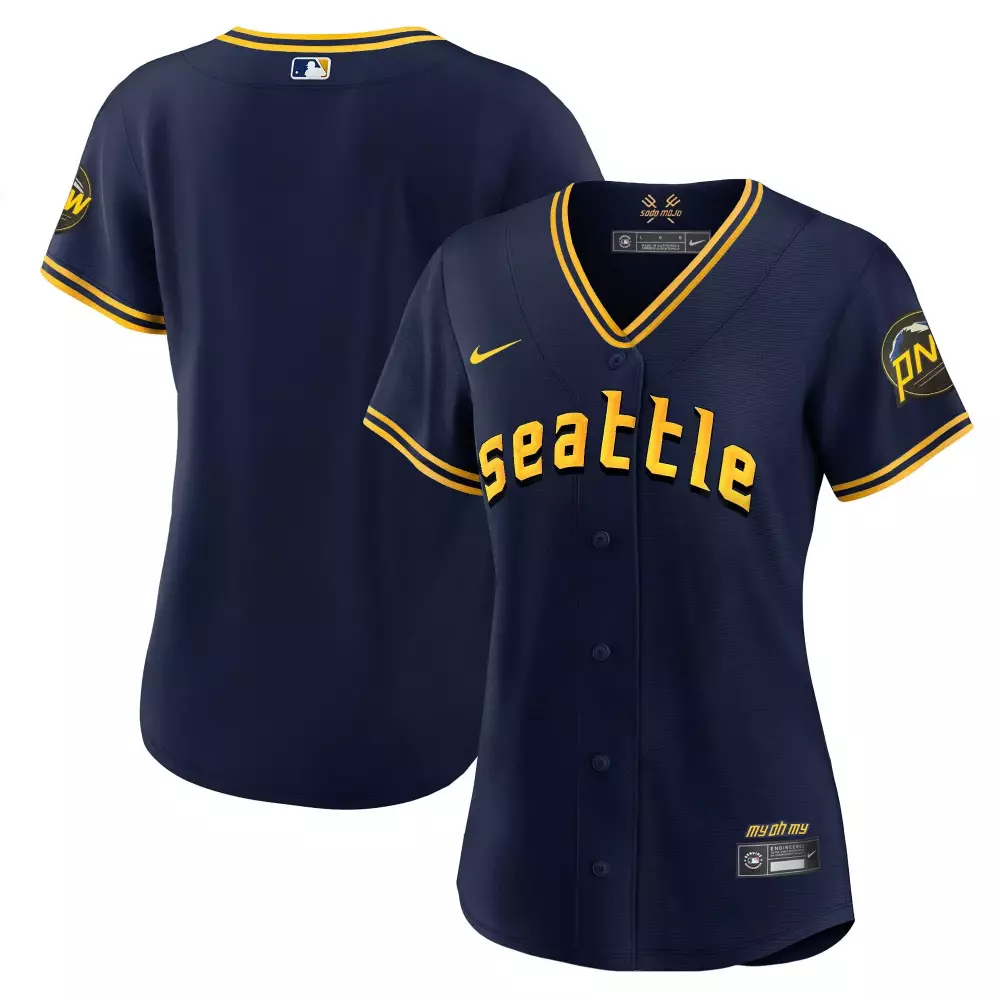 Custom Seattle Mariners Jersey Navy Blue My Oh Soda Mojo Yellow All Stitched