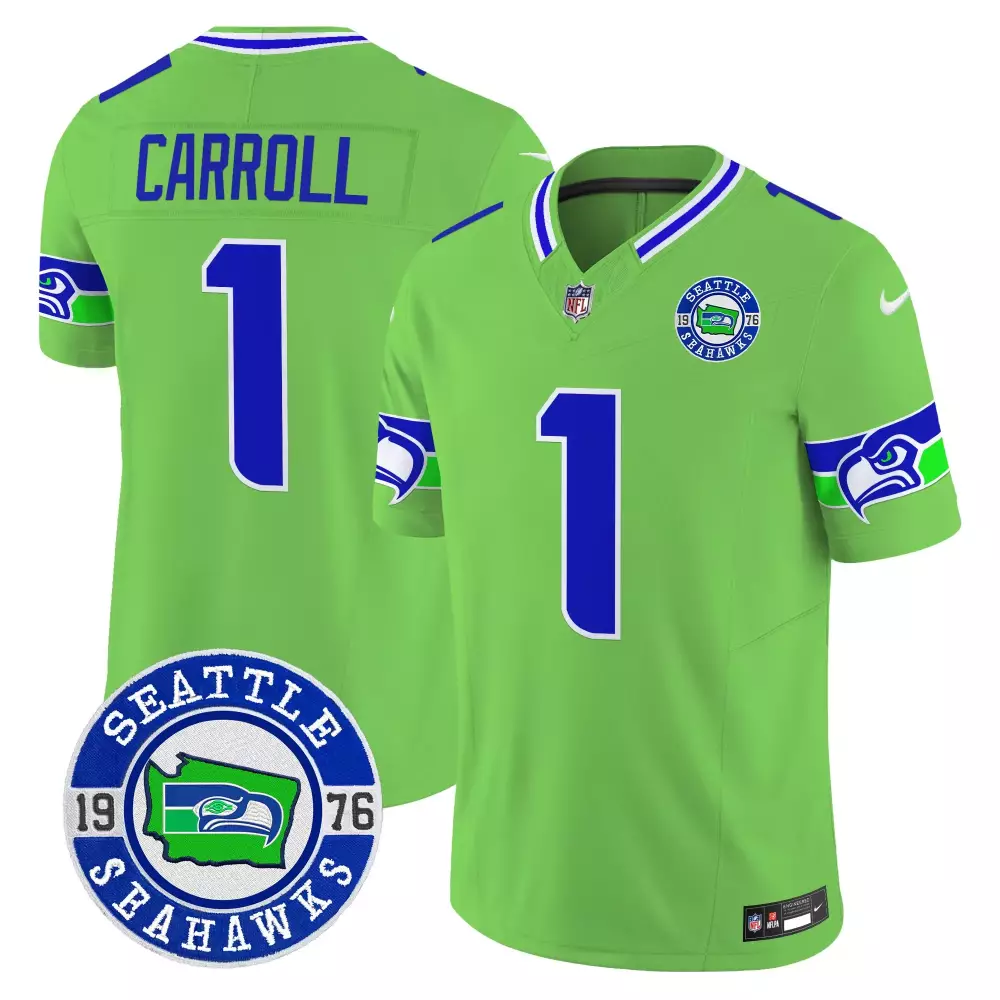 Pete Carroll 1 Seattle Seahawks Jersey Lime Green 1976 Men Game Alternate Blue Vapor