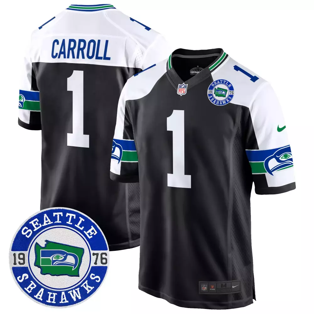 Pete Carroll 1 Seattle Seahawks Jersey Black 1976 Men Alternate White Blue Green