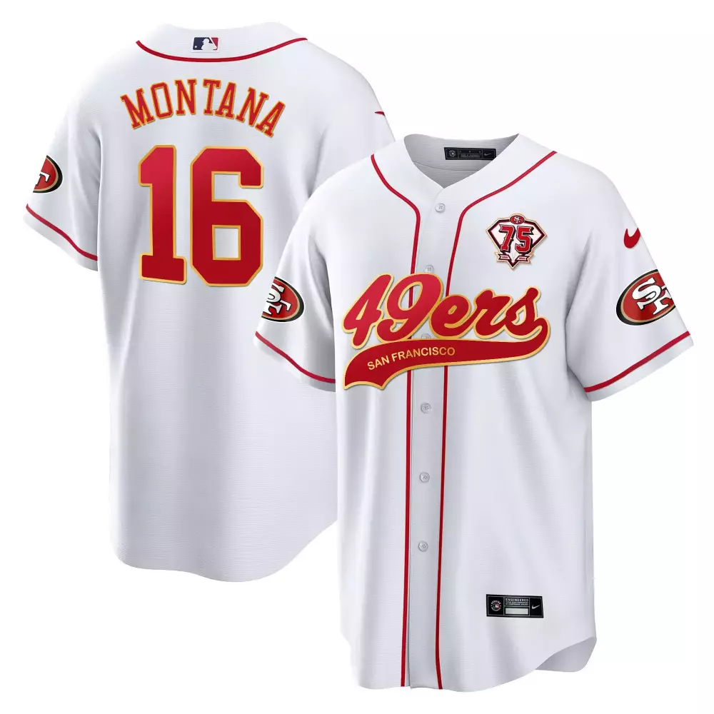 Joe Montana 16 Jersey White 75th Anniversary San Francisco 49ers Men Red Gold All