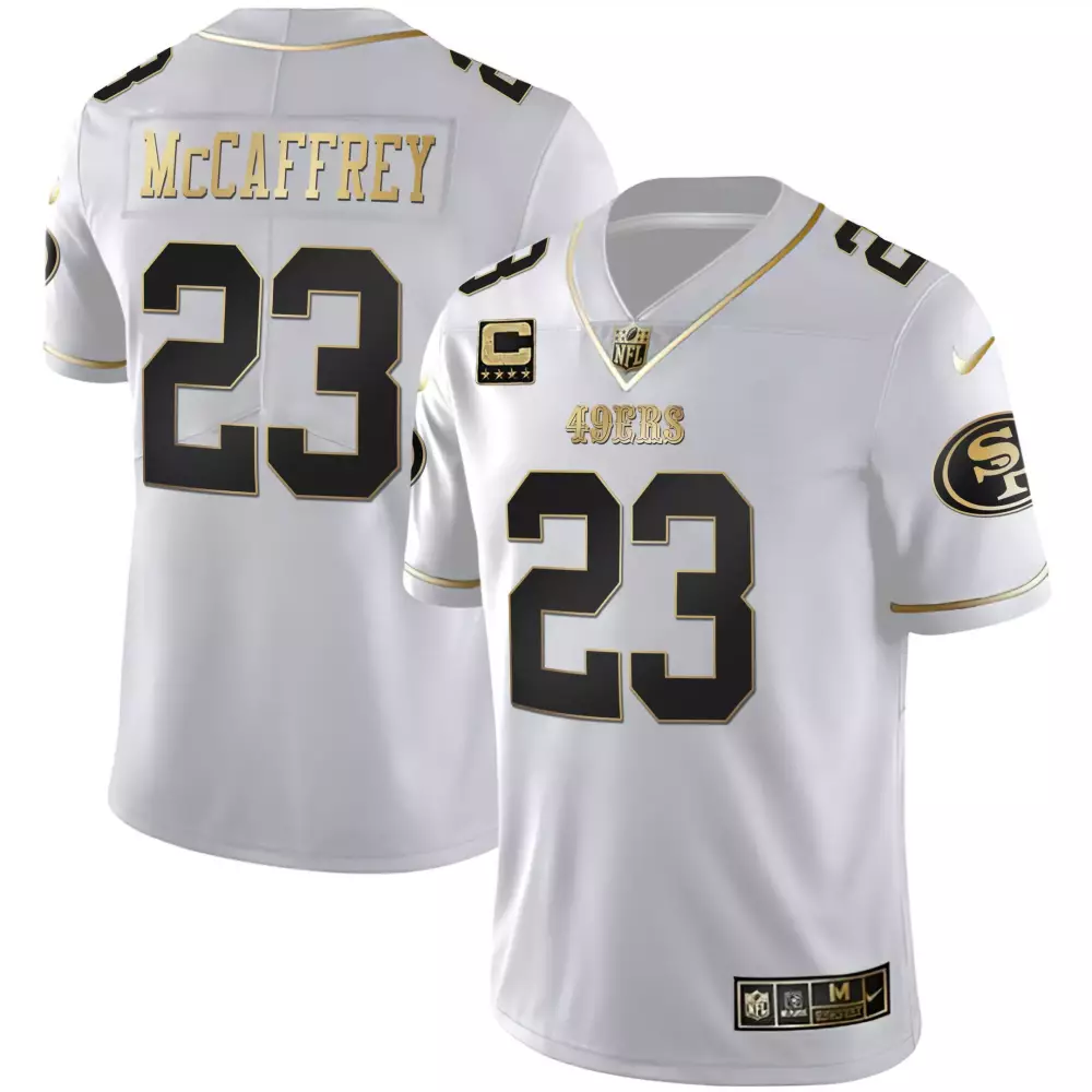Christian Mccaffrey 23 49ERS Jersey White Men Standard Black Gold All Stitched Vapor