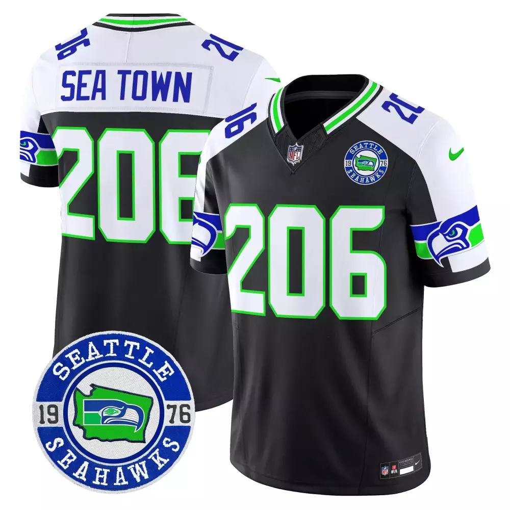 Sea Town Seattle Seahawks Jersey Black 1976 Men Alternate Split Design White Neon Green