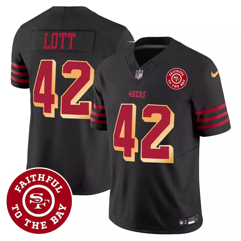 Ronnie Lott 42 49ERS Jersey Black Faithful To The Bay Men Red Gold All Vapor