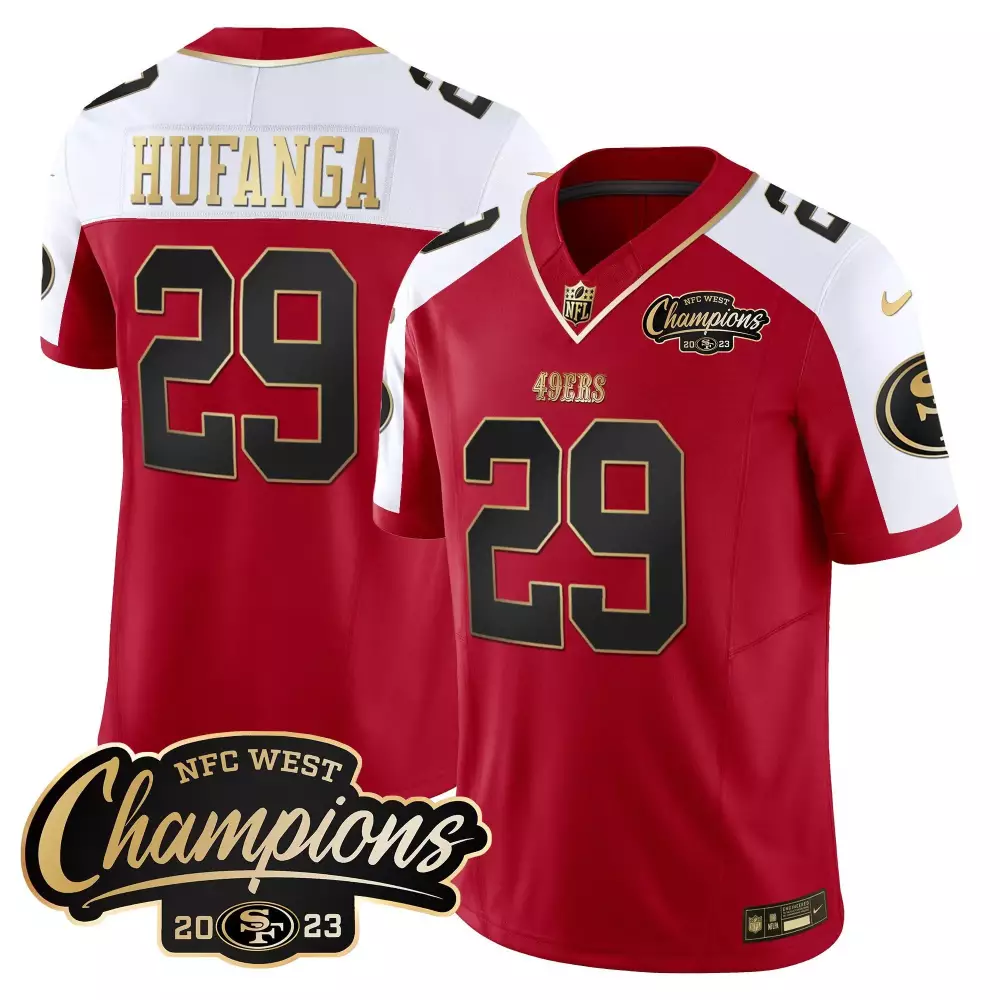 Talanoa Hufanga 29 49ERS Jersey Red NFC West Champions 2023 Men Split Design White