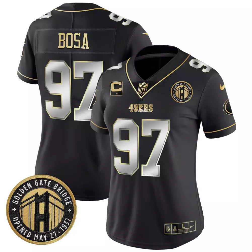Nick Bosa 97 49ERS Jersey Black Golden Gate Bridge Women Player Alternate Gold Silver