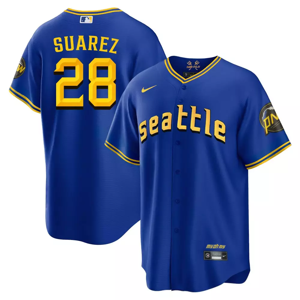 Eugenio Suarez 28 Jersey Blue Seattle Mariners My Oh Men Yellow Gold Cool Base All