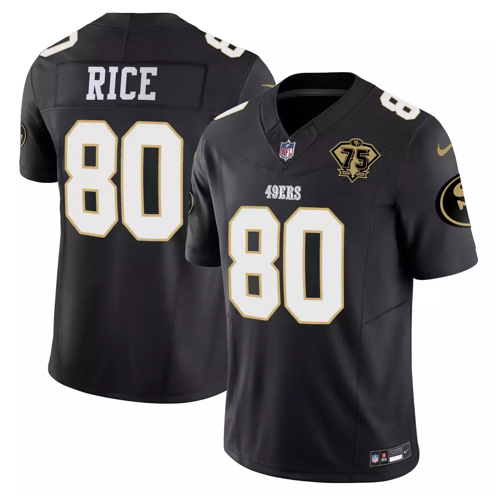 Jerry Rice 80 49ERS Jersey Black 75th Anniversary Men White Gold All Stitched