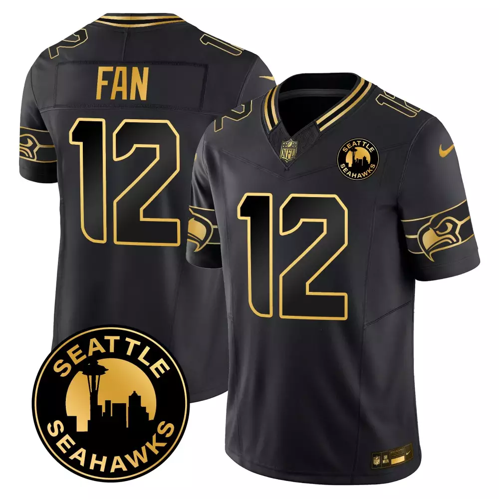 Seattle Seahawks 12 Jersey Black Men Gold Vapor Limited All Stitched