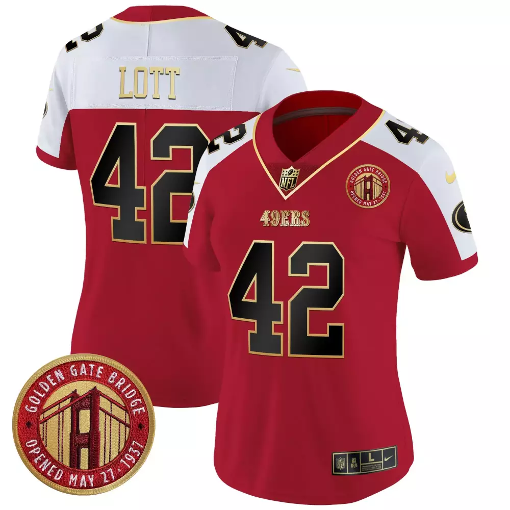 Ronnie Lott 42 49ERS Jersey Red Golden Gate Bridge Men Player Alternate White Gold