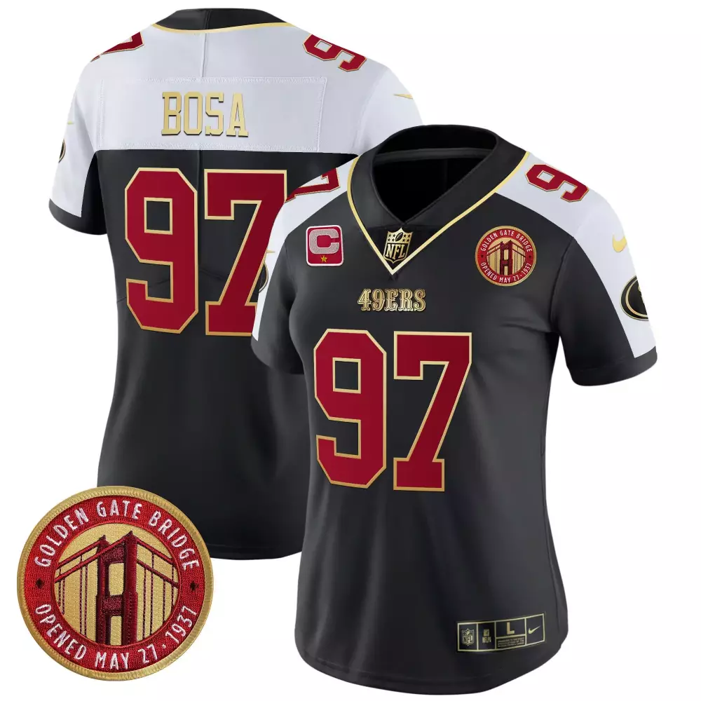 Nick Bosa 97 49ERS Jersey Black Golden Gate Bridge Men NFL Split Custom Design White