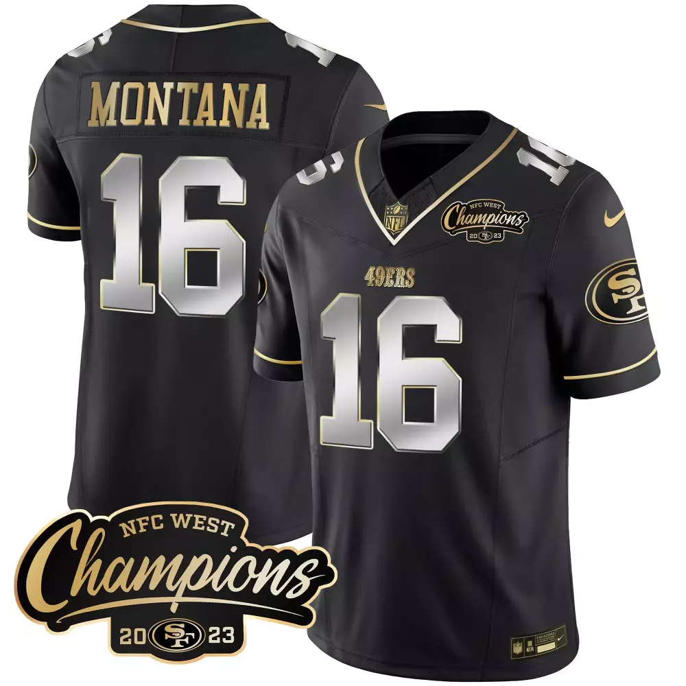 Joe Montana 16 49ERS Jersey Black NFC West Champions 2023 Men Gold Silver Limited
