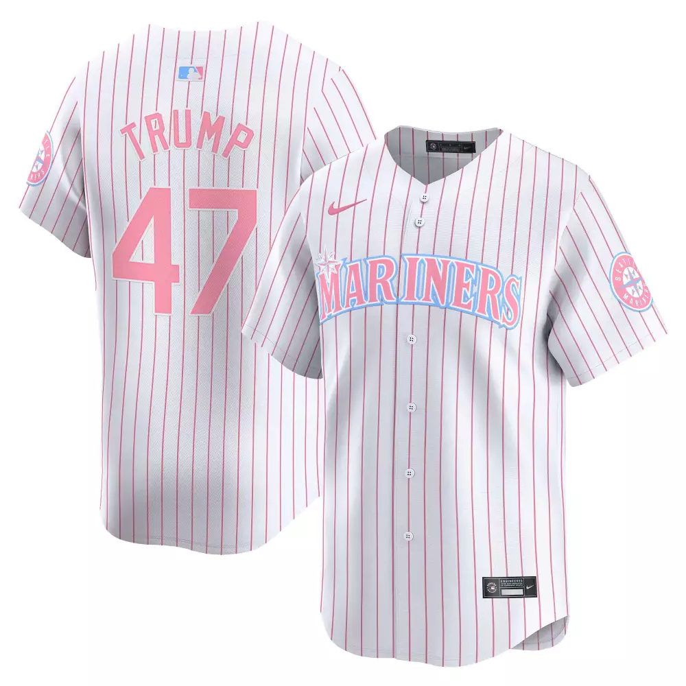 Donald Trump 47 Mariners Jersey White Men Pinstripe Pink Light Blue Unisex Vapor