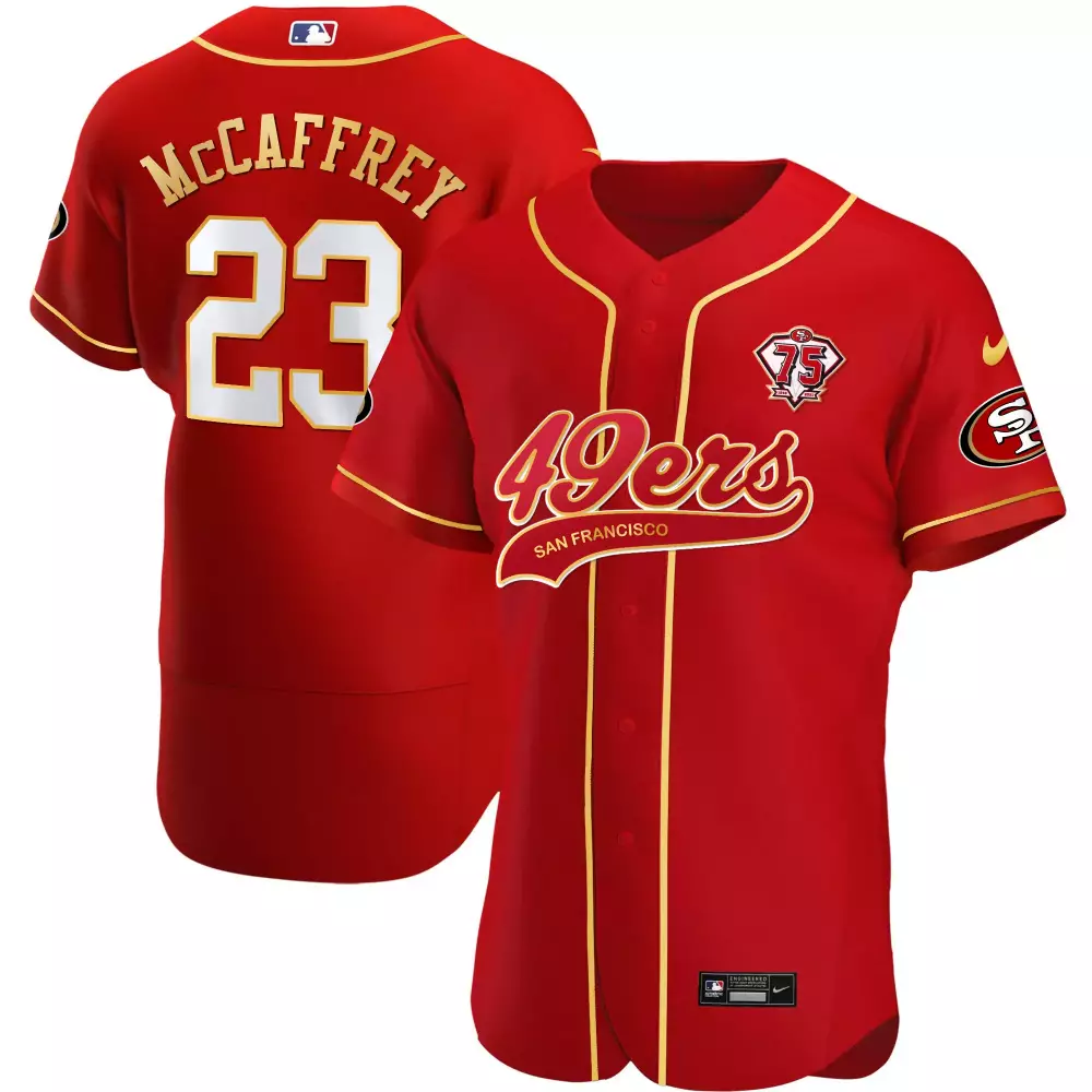 Christian Mccaffrey 23 49ers Jersey Red 75th Anniversary Men Gold Stitched