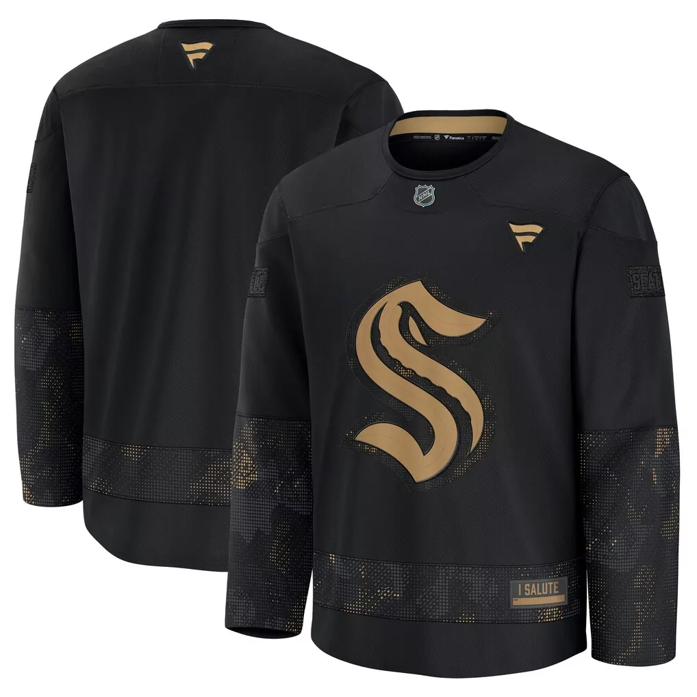 Seattle Kraken Jersey Black Salute To Service Fanatics Men Custom Design Gold