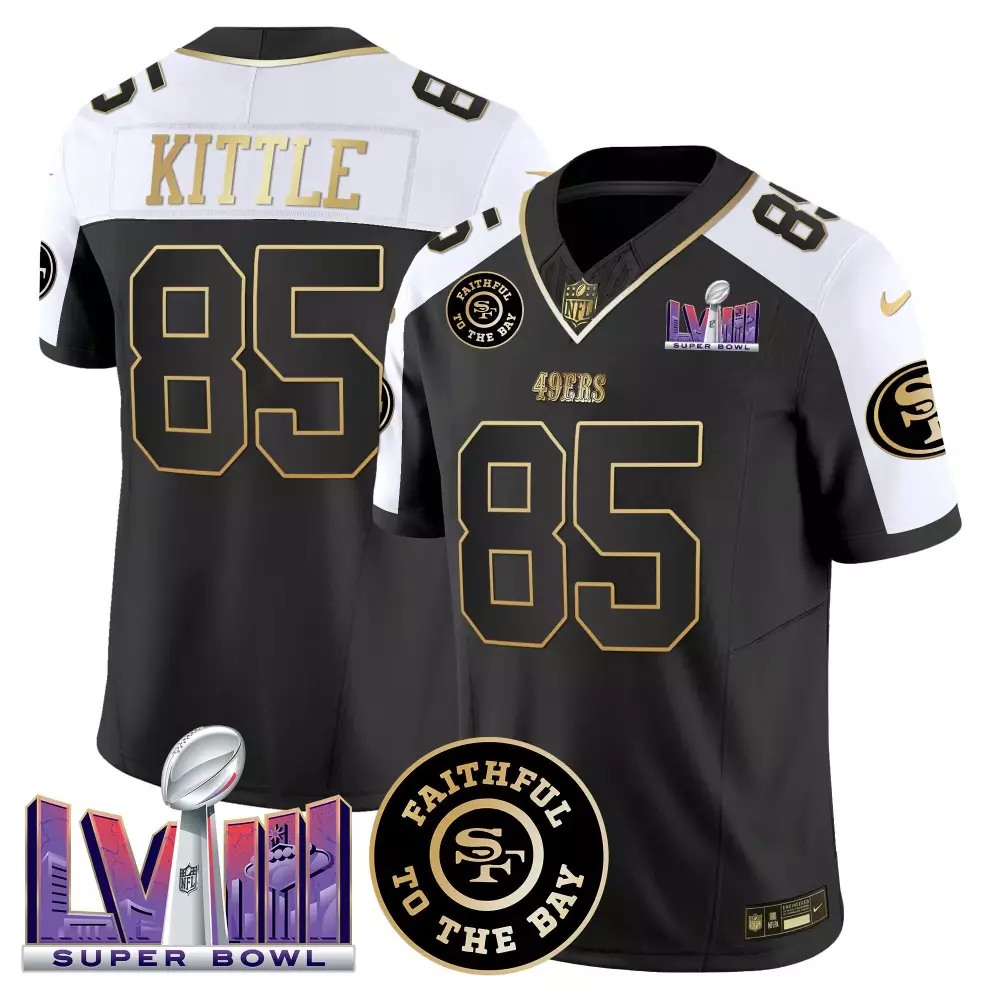 George Kittle 85 49ERS Jersey Black Super Bowl Lviii Men White Gold Alternate Vapor