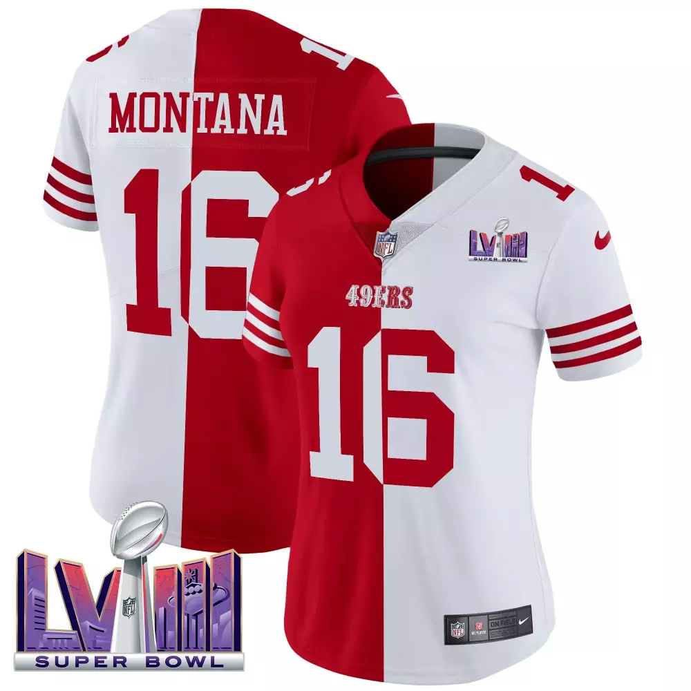 Joe Montana 16 49ERS Jersey Red Super Bowl Lviii Men Replica Split Design White Vapor