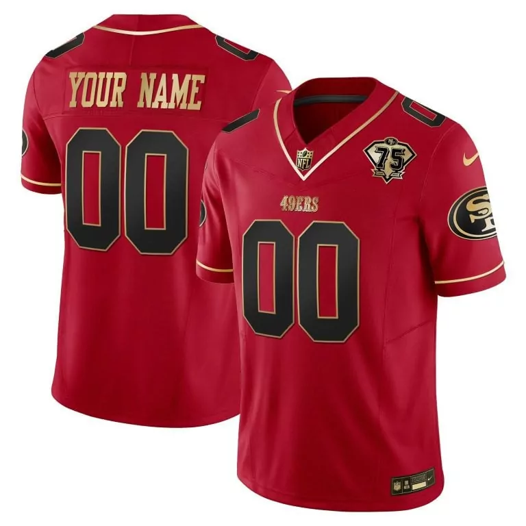 Custom San Francisco 49ers Jersey Red 75th Anniversary Men NFL Black Gold Throwback