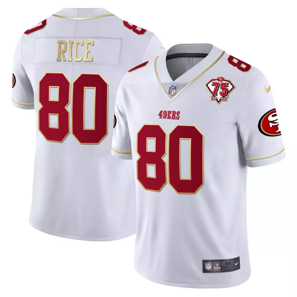 Jerry Rice 80 49ERS Jersey White 75th Anniversary Men Short Sleeve Red Gold All Stitched