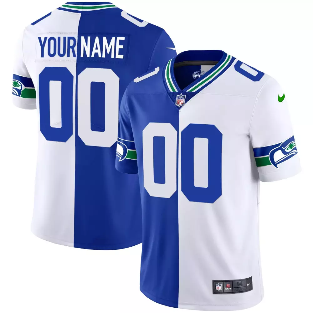 Custom Seattle Seahawks Jersey Blue Men Split Design White Green Throwback All Stitched