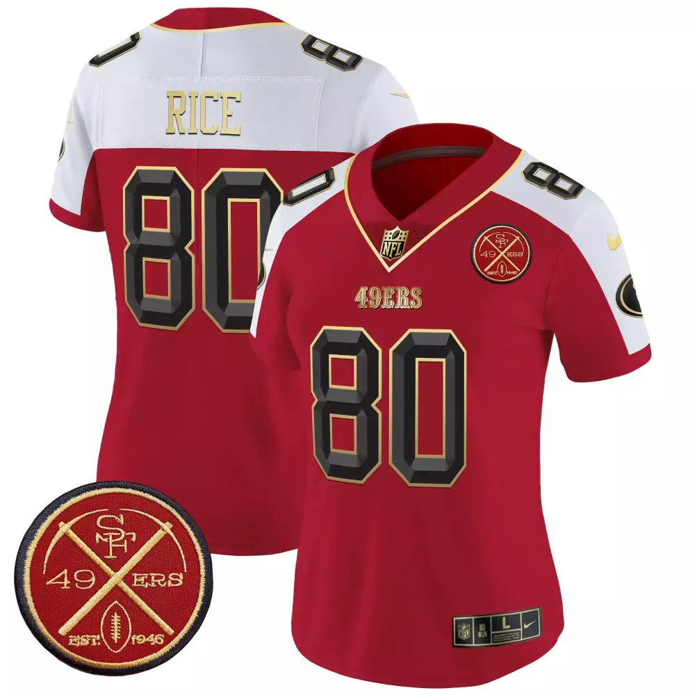 Jerry Rice 80 49ERS Jersey Red 1946 Men Split Design White Gold Alternate Vapor Limited