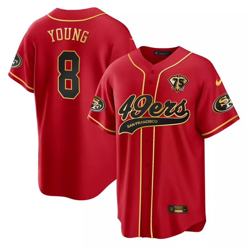 Steve Young 8 San Francisco 49ers Jersey Red 75th Anniversary Men Gold Black All