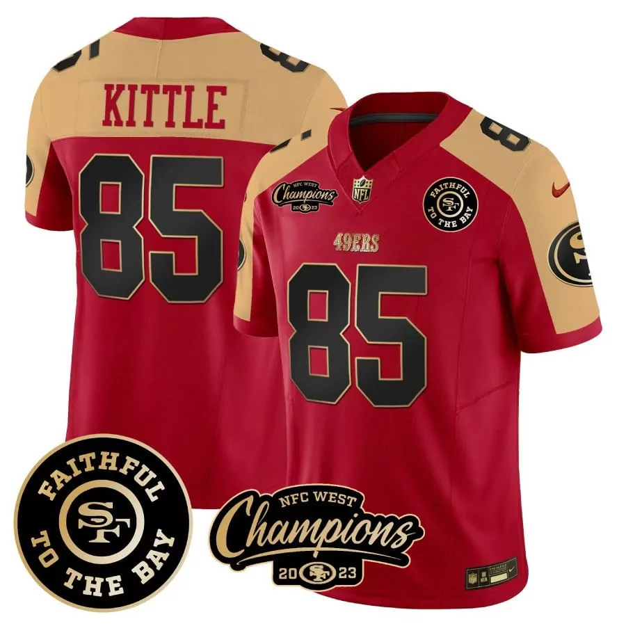 George Kittle 85 49ERS Jersey Red NFC West Champions 2023 Faithful To Bay Men Split Design