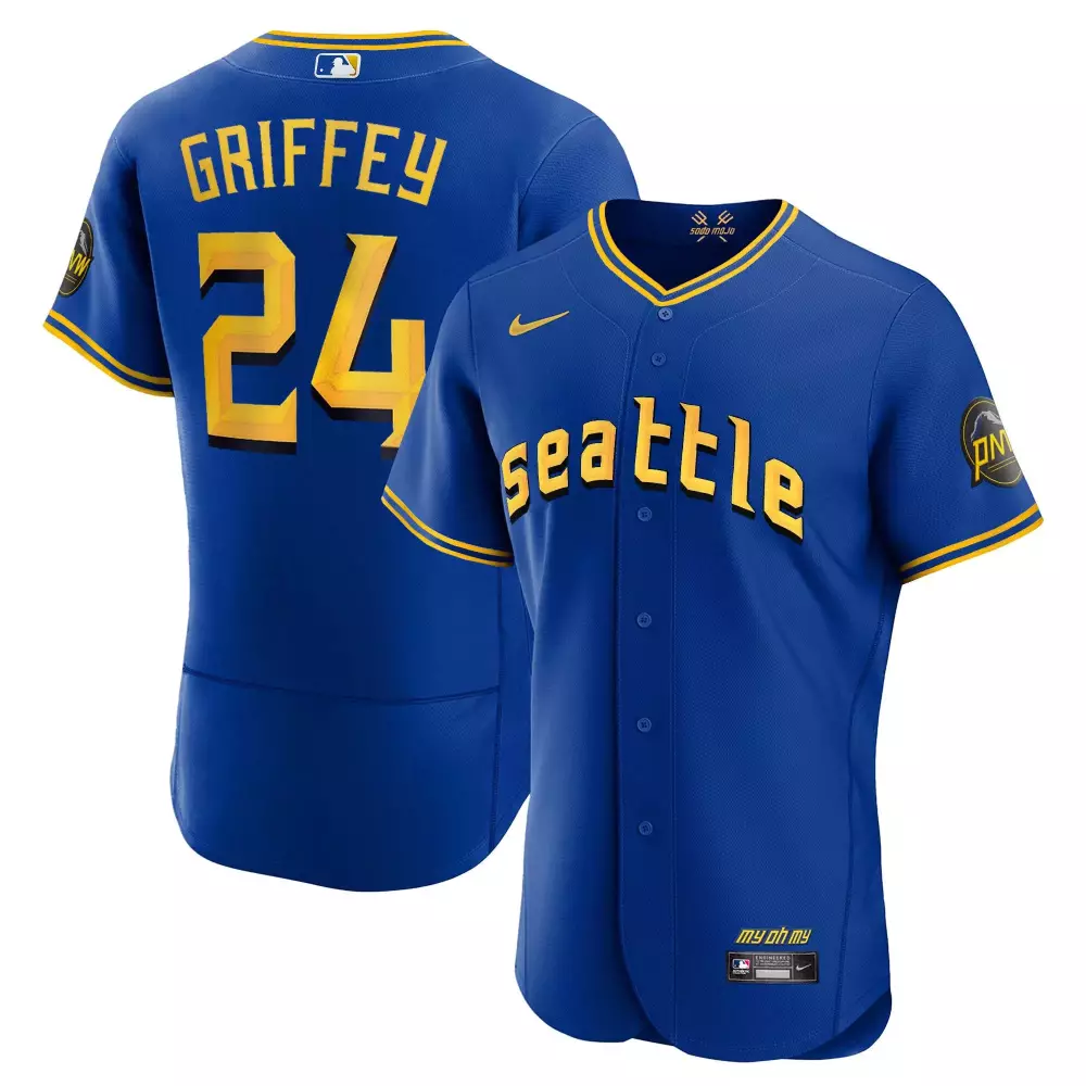 Ken Griffey 24 Seattle Mariners Jersey Blue Men Yellow Flex Base All Stitched