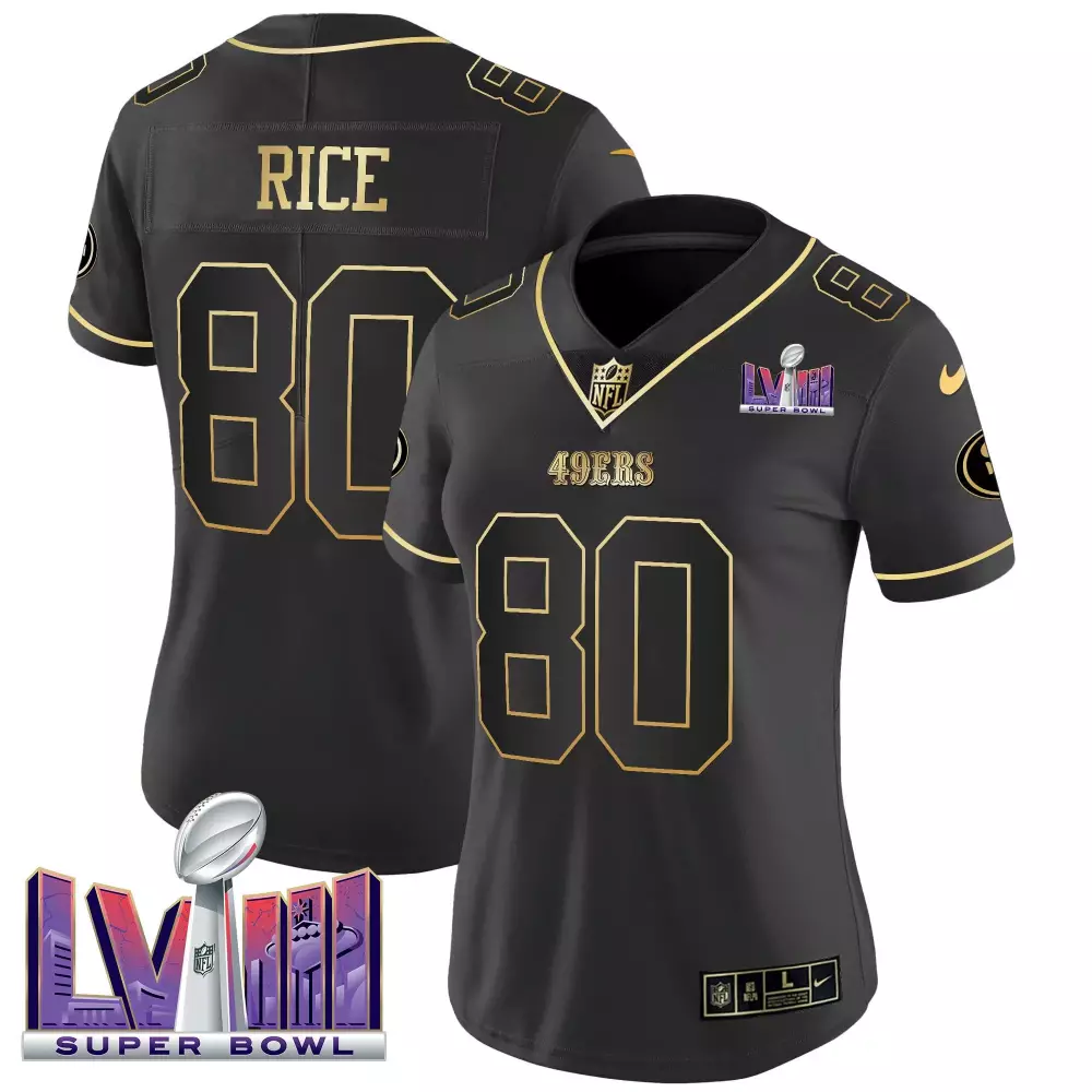 Jerry Rice 80 49ERS Jersey Black Super Bowl Lviii 2023 Women Replica Gold Vapor v2