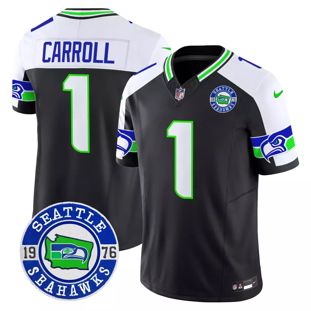 Pete Carroll 1 Seattle Seahawks Jersey Black Men Player White Green Blue Vapor Limited