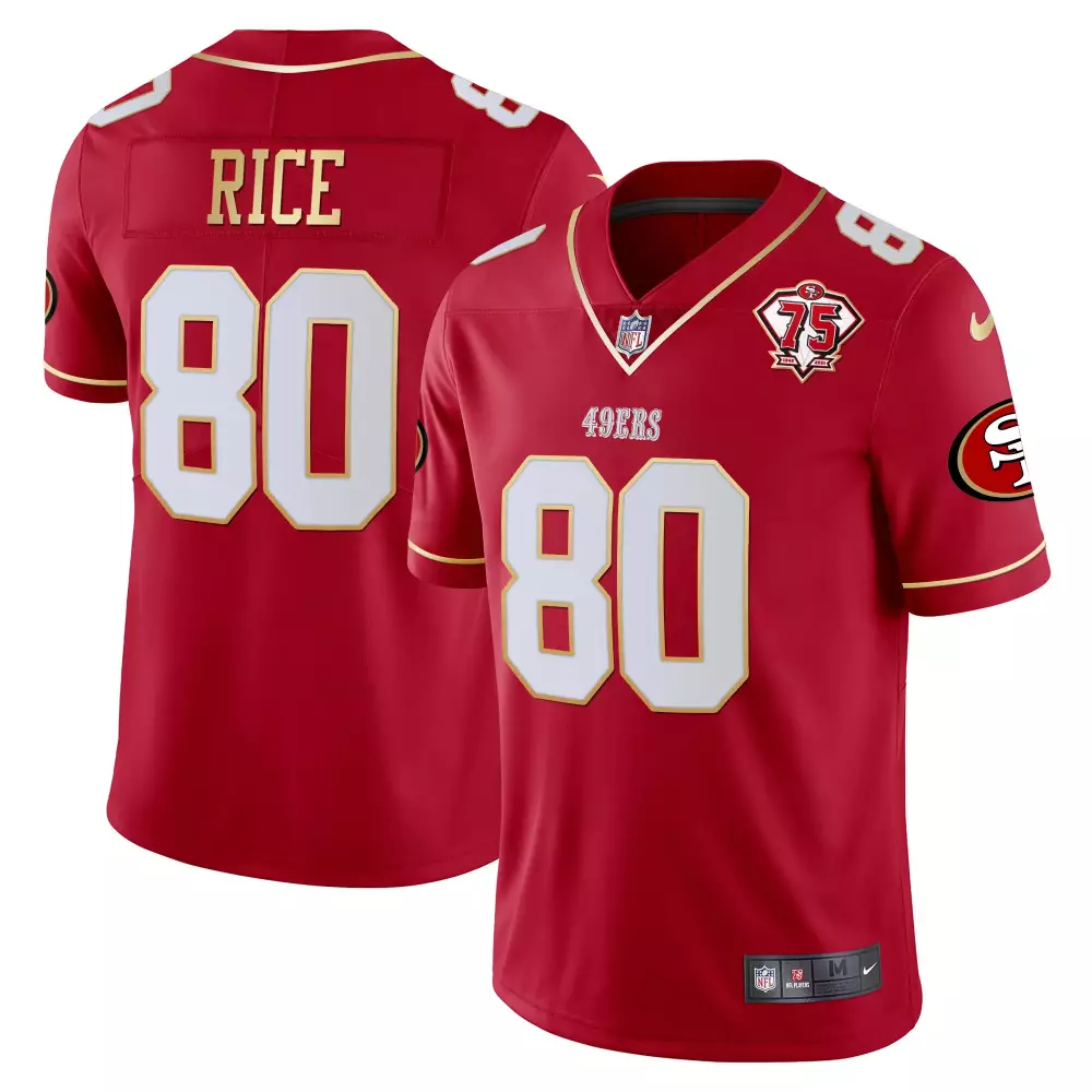 Jerry Rice 80 49ERS Jersey Red 75th Anniversary Men Gold White All Stitched