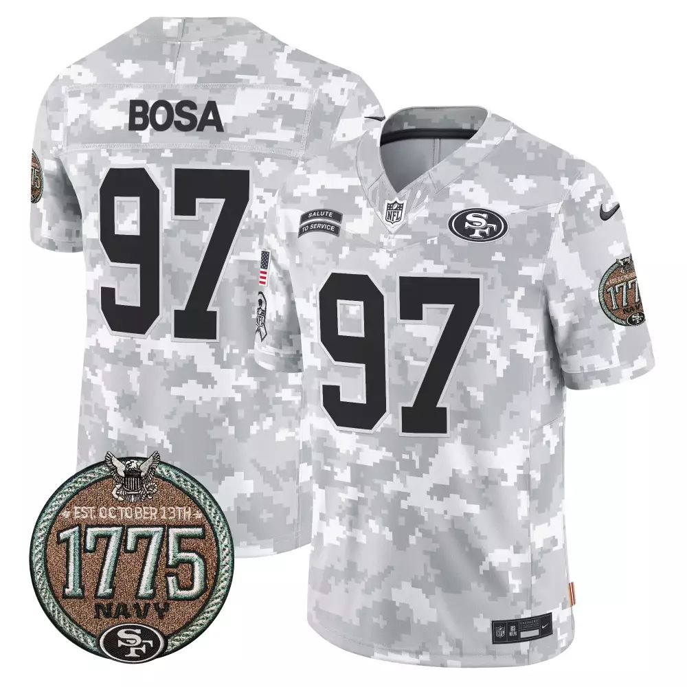 Nick Bosa 97 49ers Jersey White Salute To Service 1775 Navy Men Game Alternate Custom Design