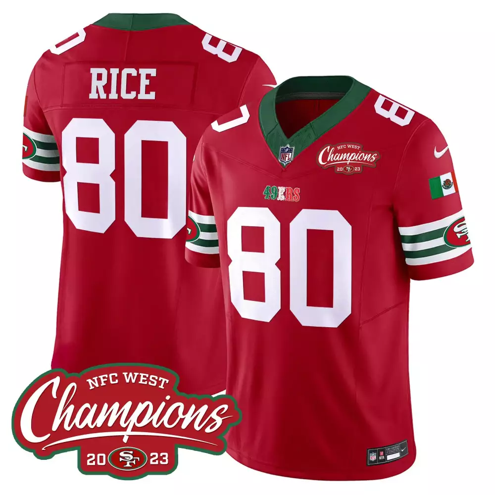 Jerry Rice 80 49ers Jersey Red NFC West Champions 2023 Mexico Flag Men Green White