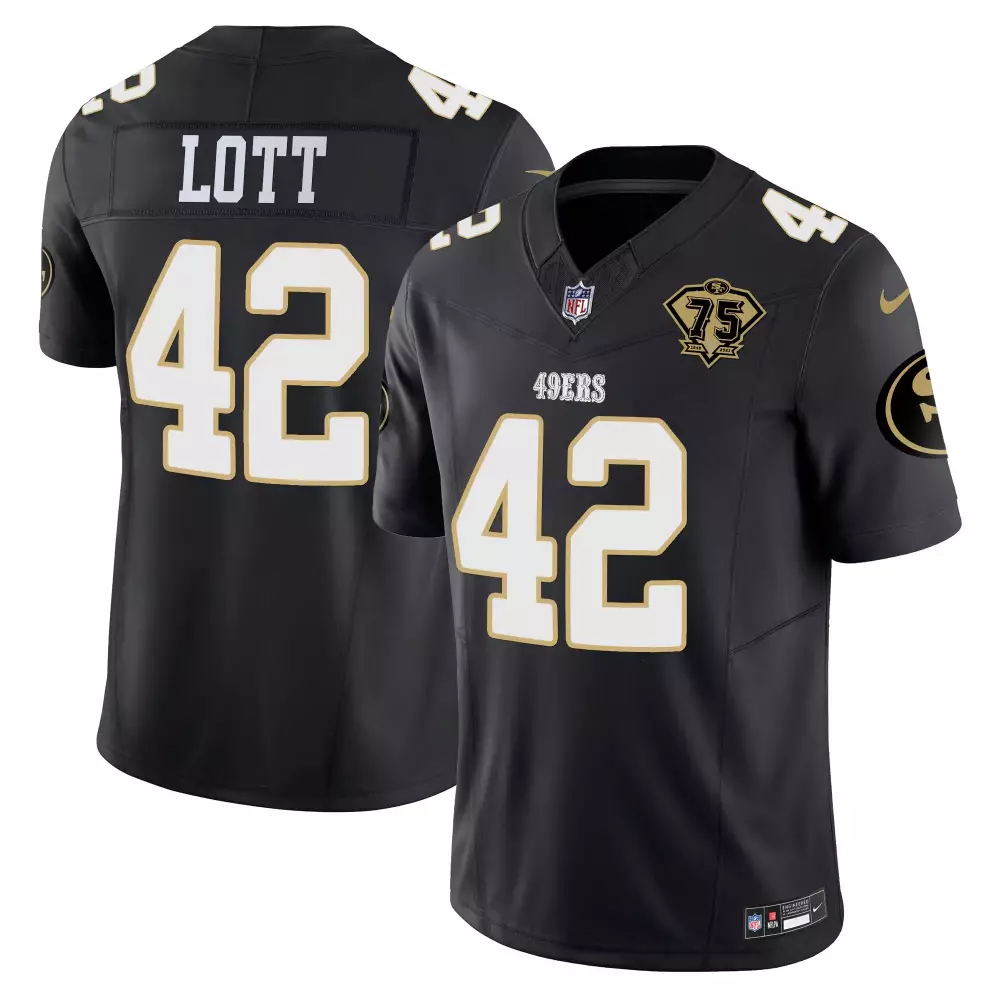 Ronnie Lott 42 49ERS Jersey Black 75th Anniversary Men White Gold Stitched