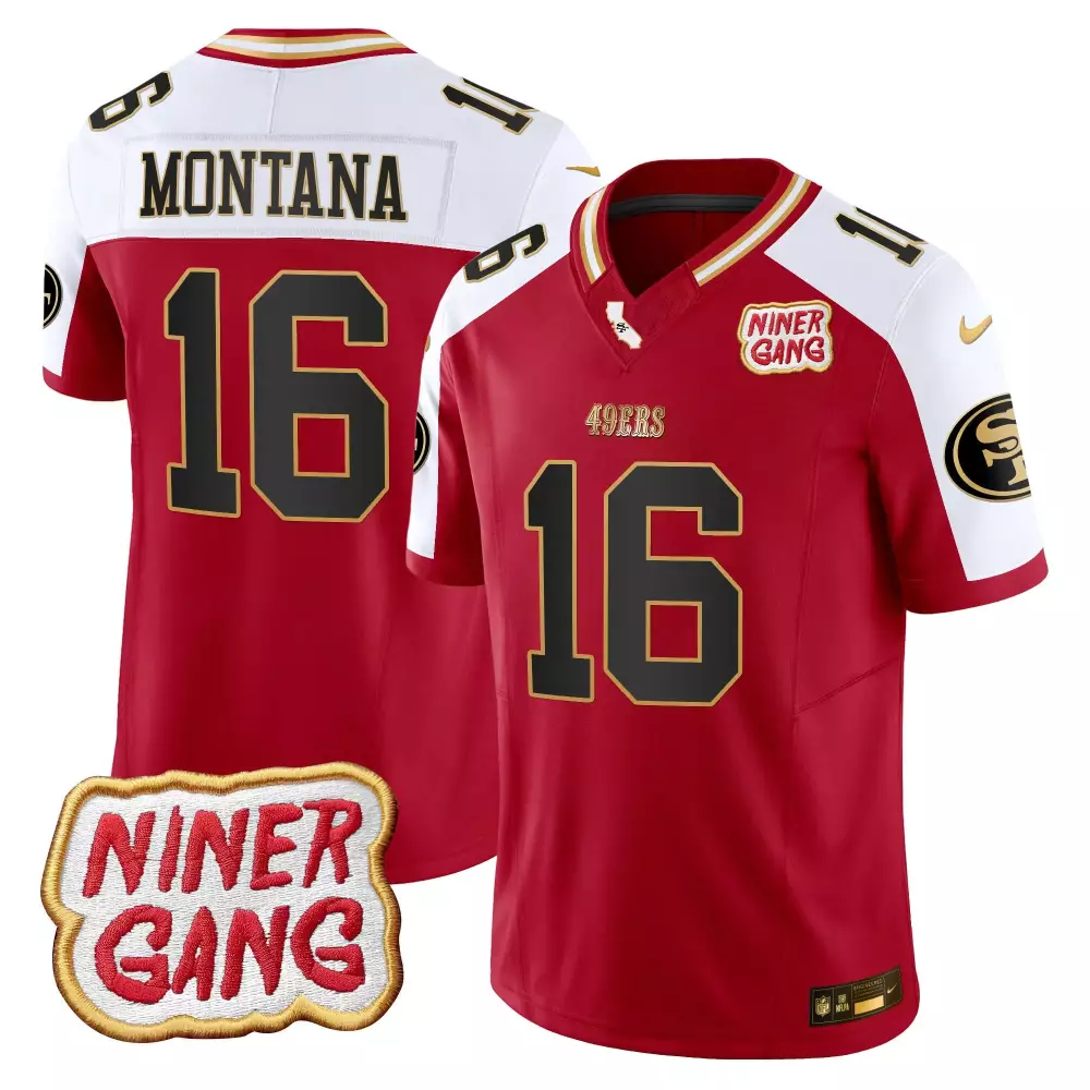 Joe Montana 16 49ERS Jersey Red Niner Gang Men White Gold Alternate Vapor All Stitched